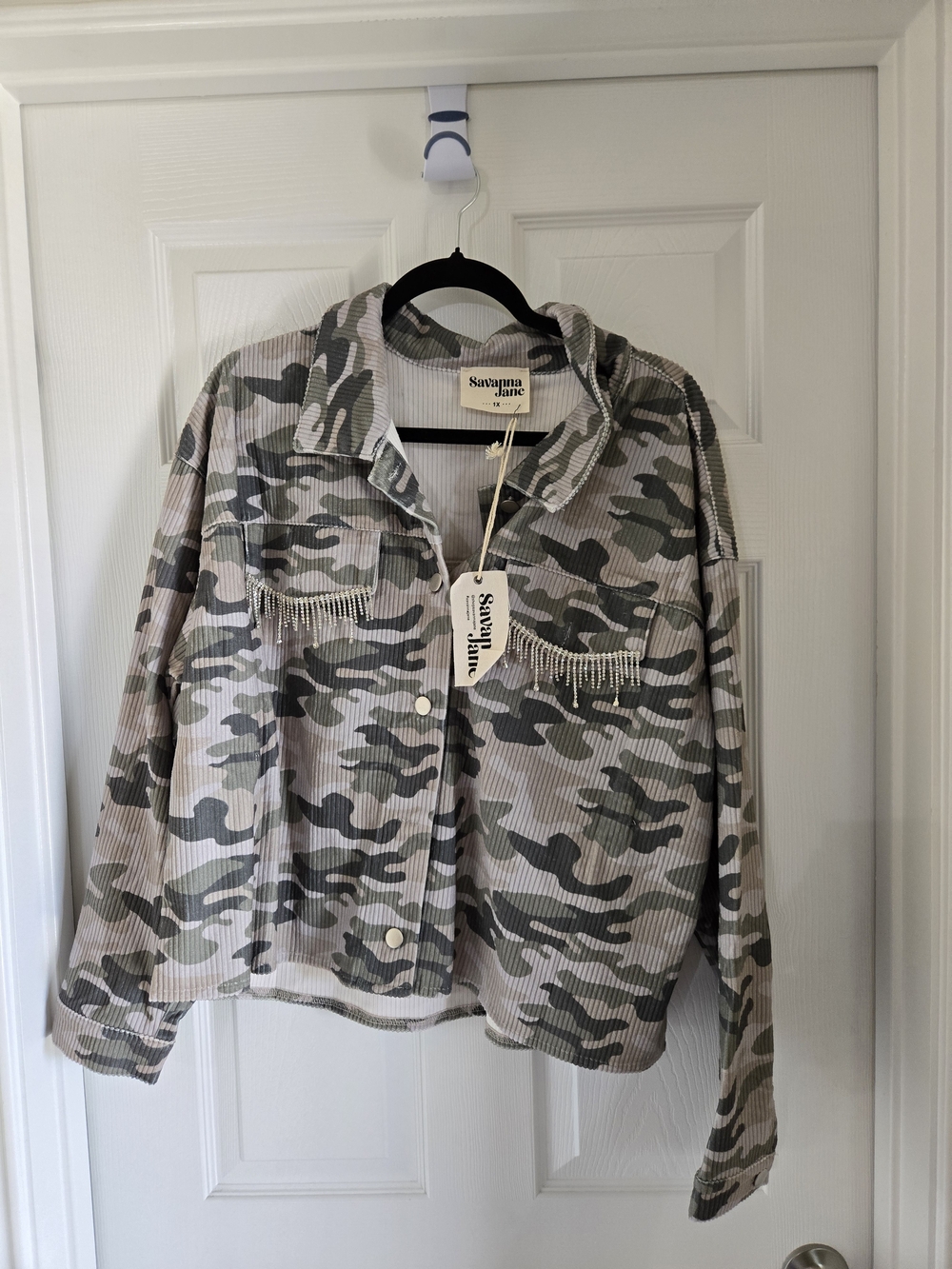 Savanna Jane Olive Beige Camo Bomber Jacket with Rhinestone Trim